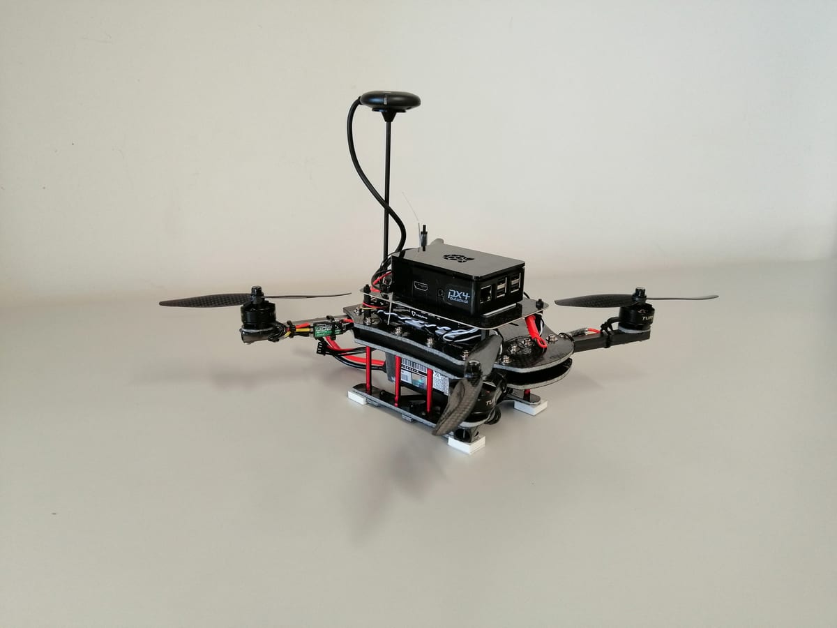 One of the two quadrotors designed and built at home